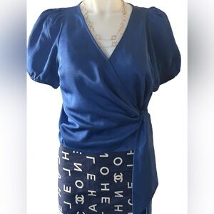 Nine West Puff Sleeve Wrap Shirt Royal Blue Women’s Size Small Side Tie